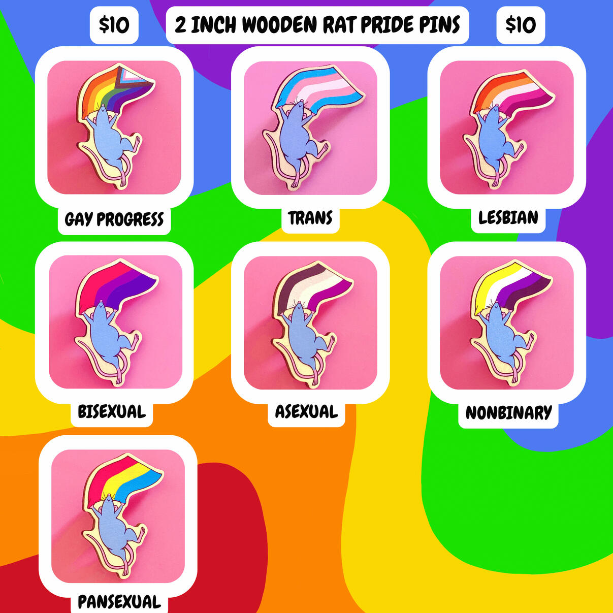 2 INCH WOODEN RAT PRIDE PINS